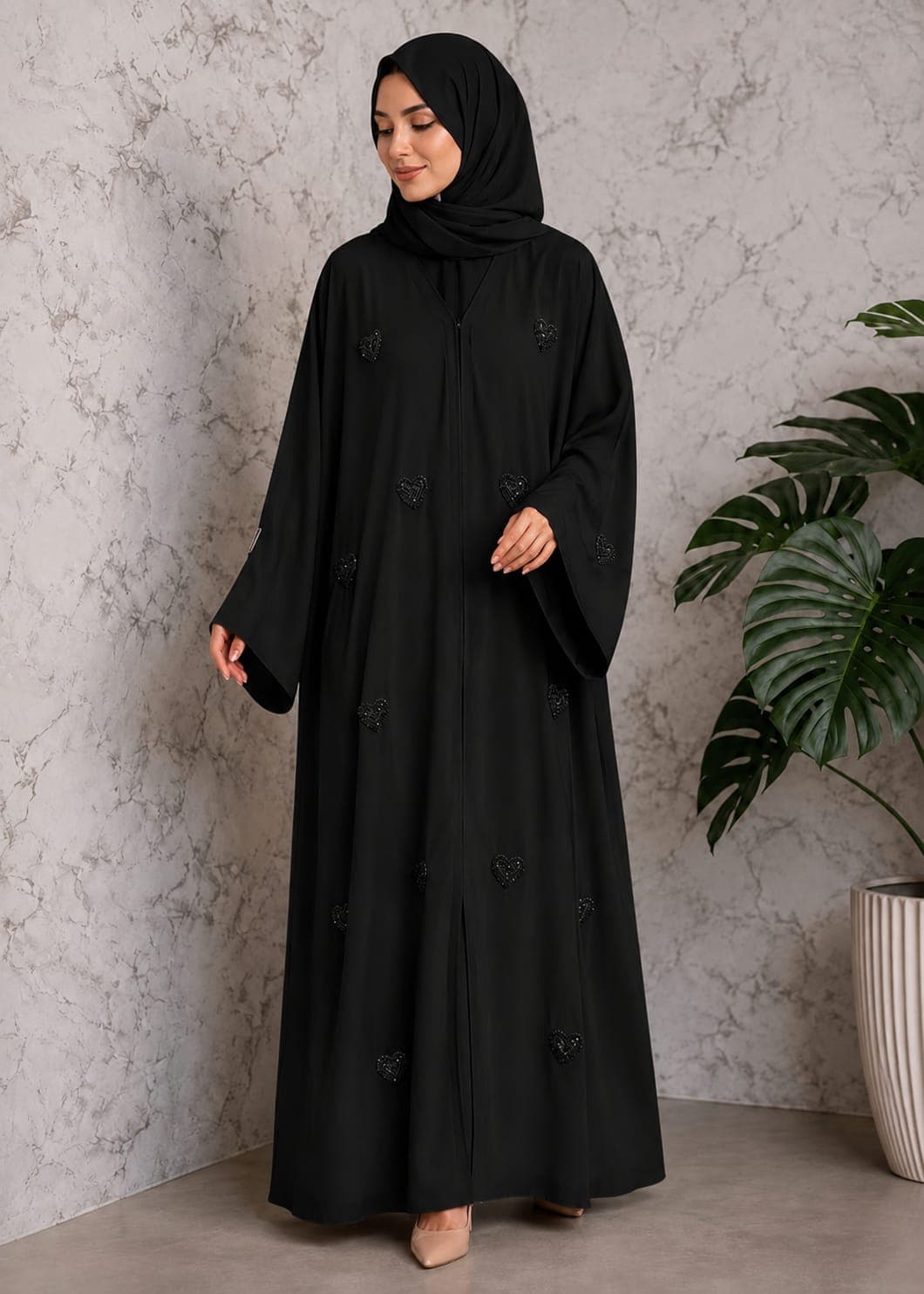 Premium Heart Handwork Front Open Abaya – TikTok Fabric (Imported) Black