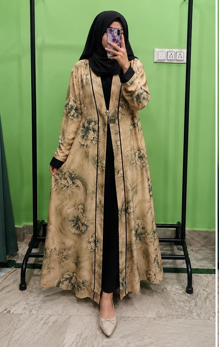Stunning Floral Shrug Printed  Abaya  – Peach TikTok Fabric 
