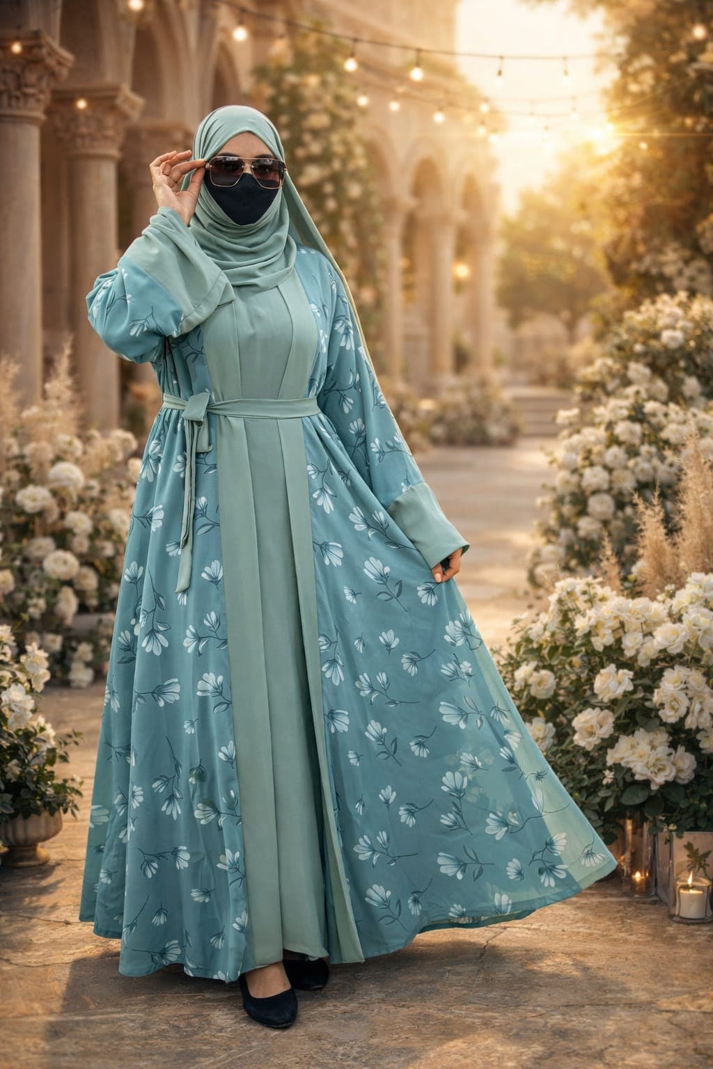 GM Two Piece Double Layer Shrug Abaya - Diamond Chiffon , Floral Printed &  Dubai Style 