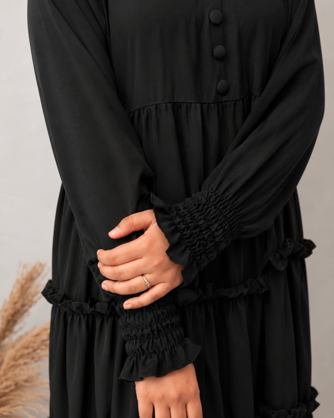 Premium Black Tiered Abaya with Smocked Sleeves | Blend Cotton Fabric