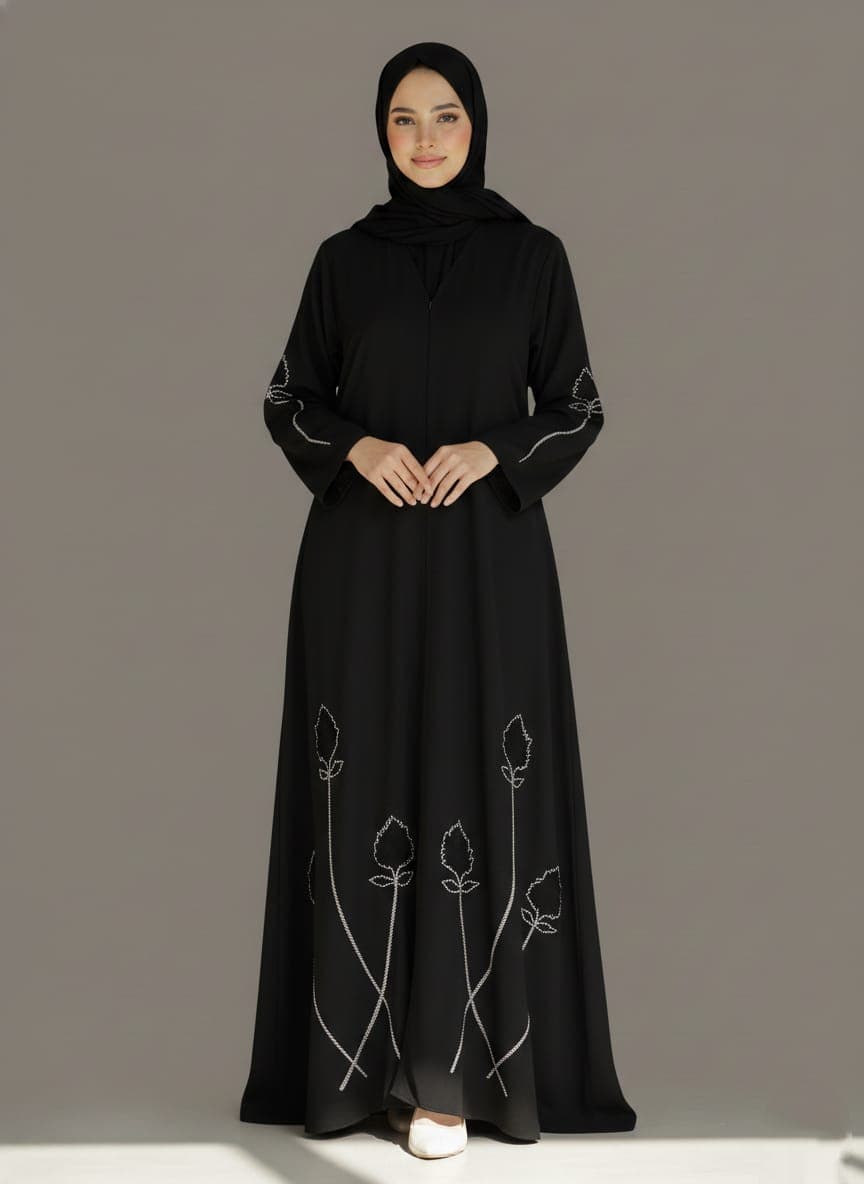 Premium Super Prada Front Open Abaya with Velvet Leaf Handwork