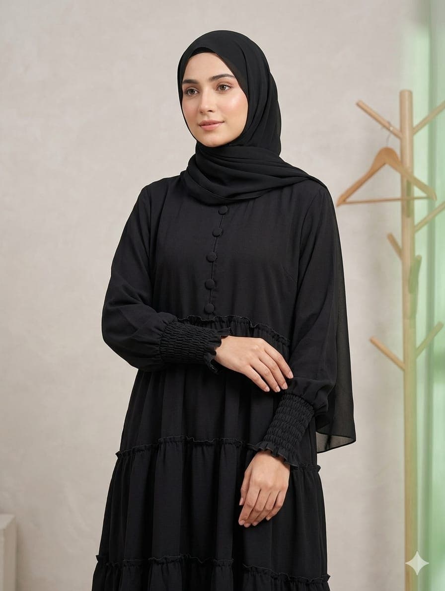 Premium Layered Frill Abaya with FREE Hijab & Nose Piece | Modest Islamic Wear for Women