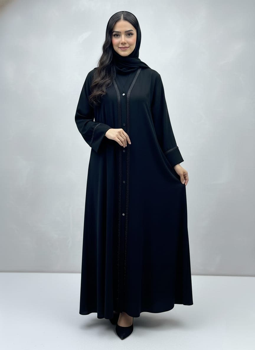 Premium Imported Prada Fabric Hands-Free Abaya with Lace Detail