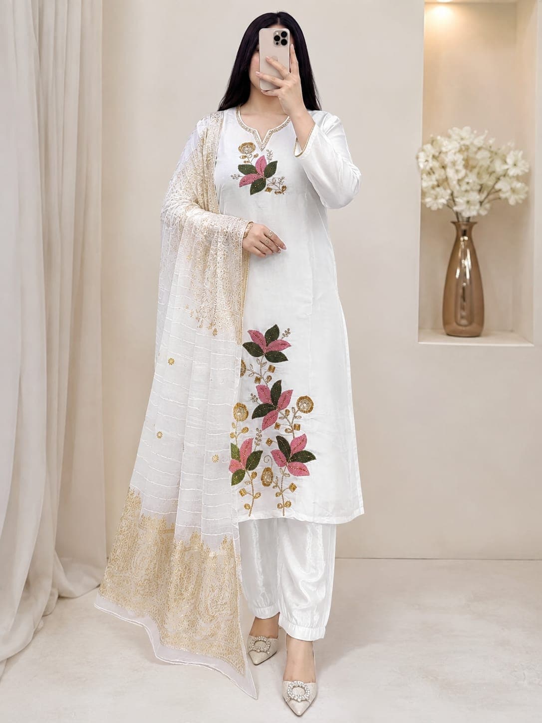 Premium Floral Embroidered 3-Piece Suit Set with Designer Dupatta