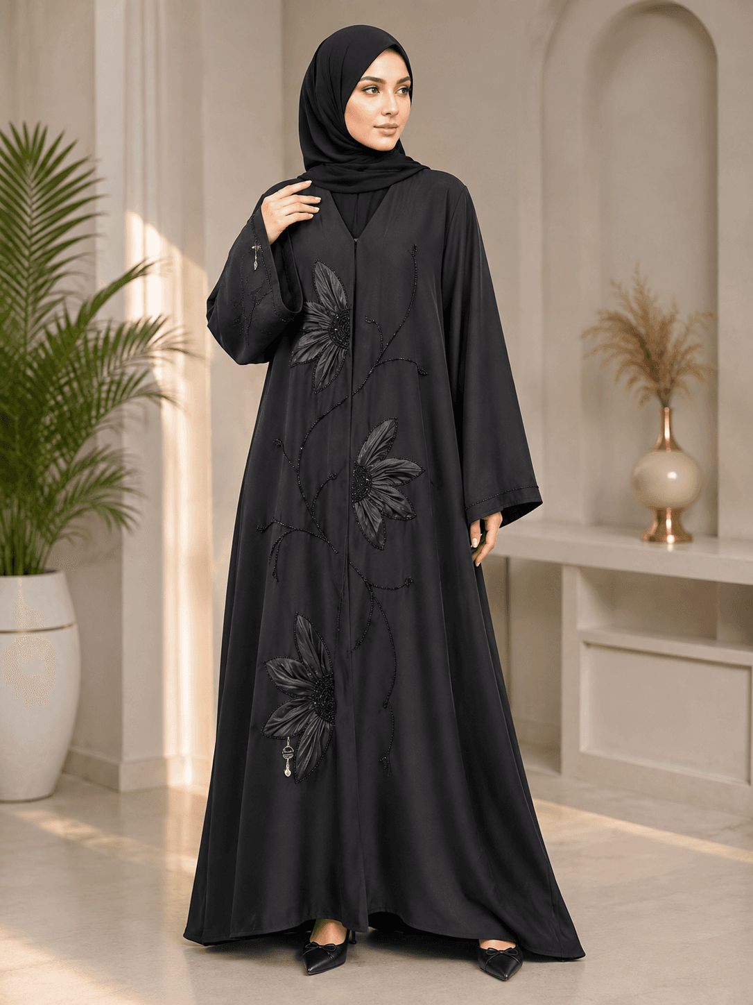 Luxury Black 3D Floral Handwork Abaya for Women | Premium Designer Modest Wear | Gulshan Modest